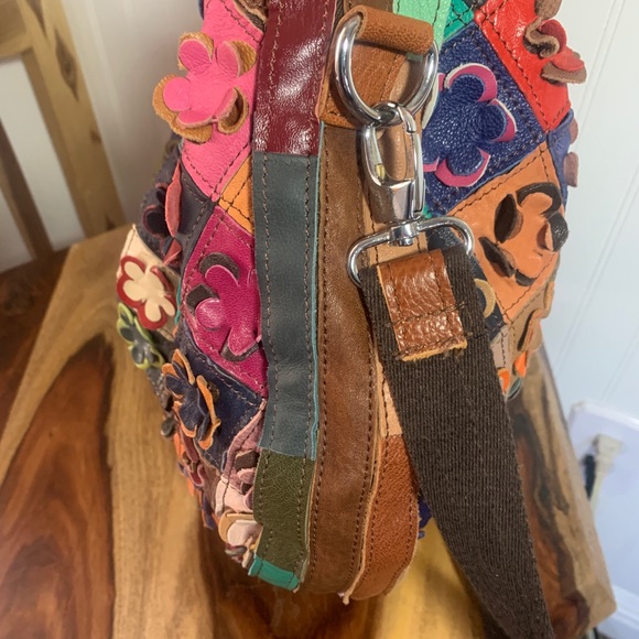 Leather Floret Patchwork Boho Slouch Handbag - Picture 4 of 7